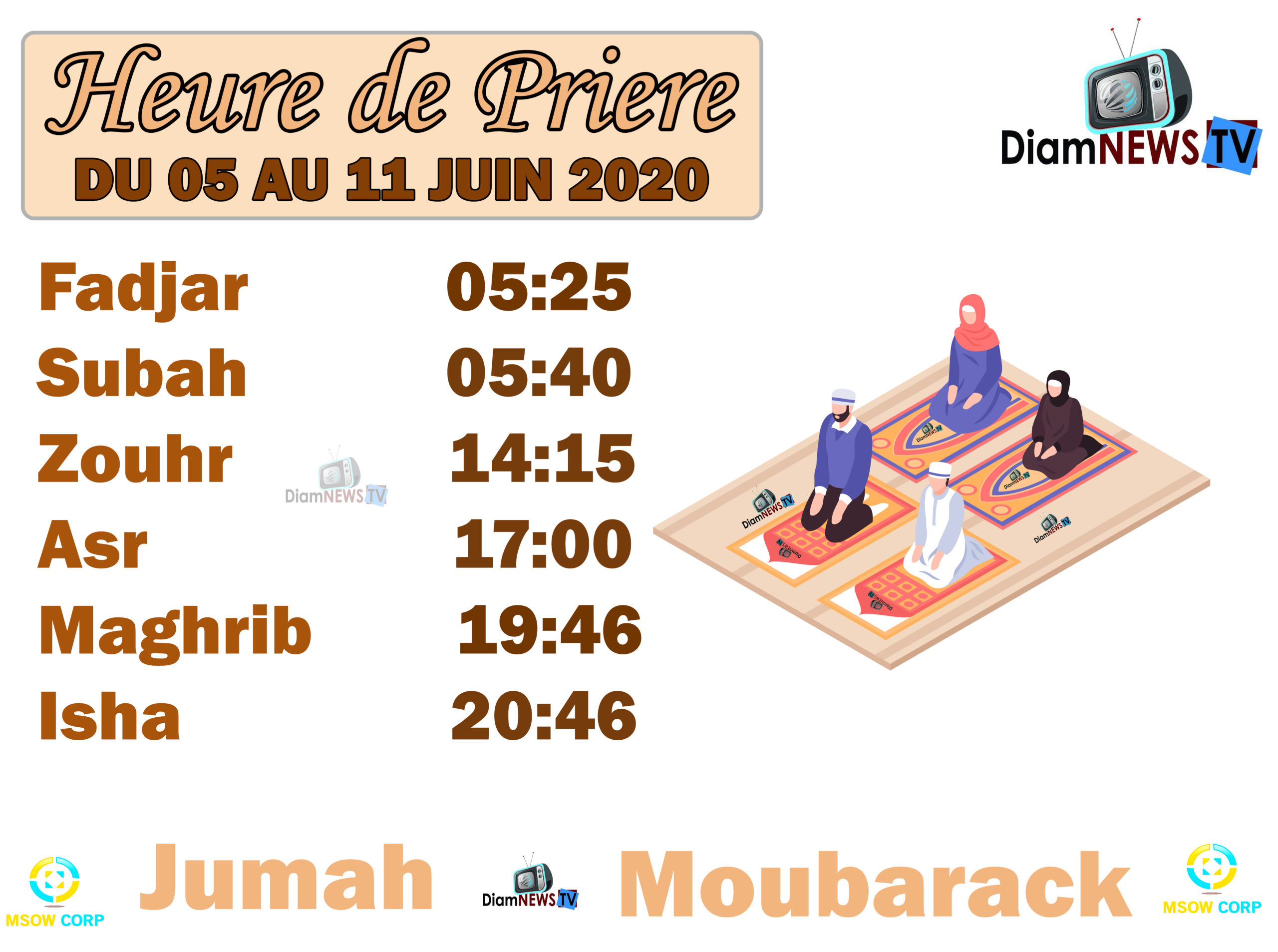 Heure de prière Sénégal 5 juin au 11 Juin 2020.