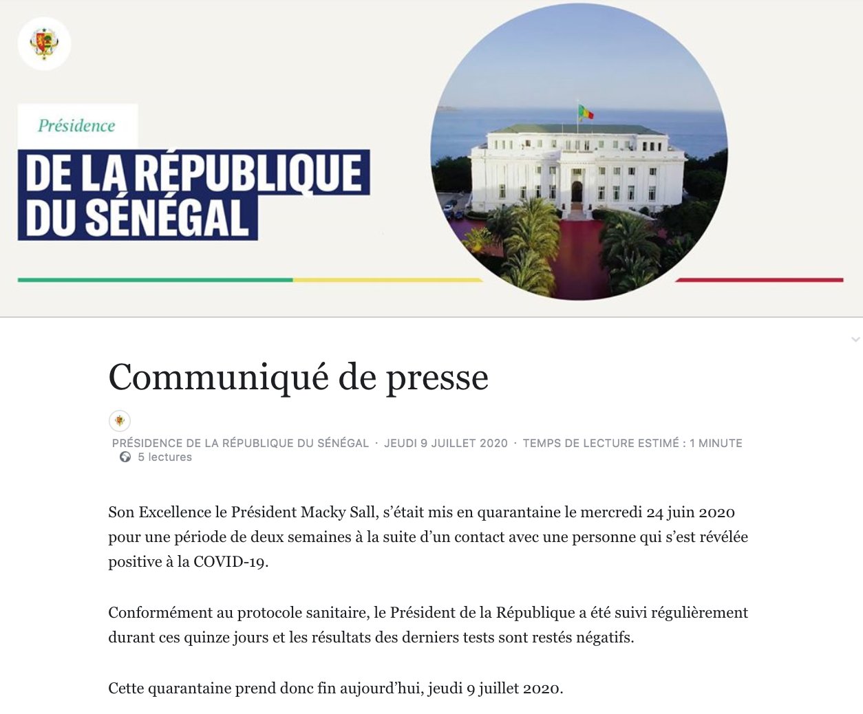 Communiqué : fin de la quarantaine du Président Macky Sall